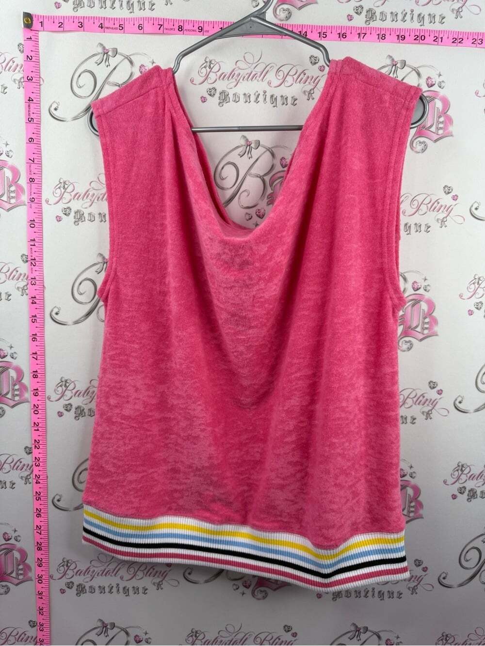 Terry cloth top vintage Pink Sleeveless Cowl Neck Tank Top with Striped Hem